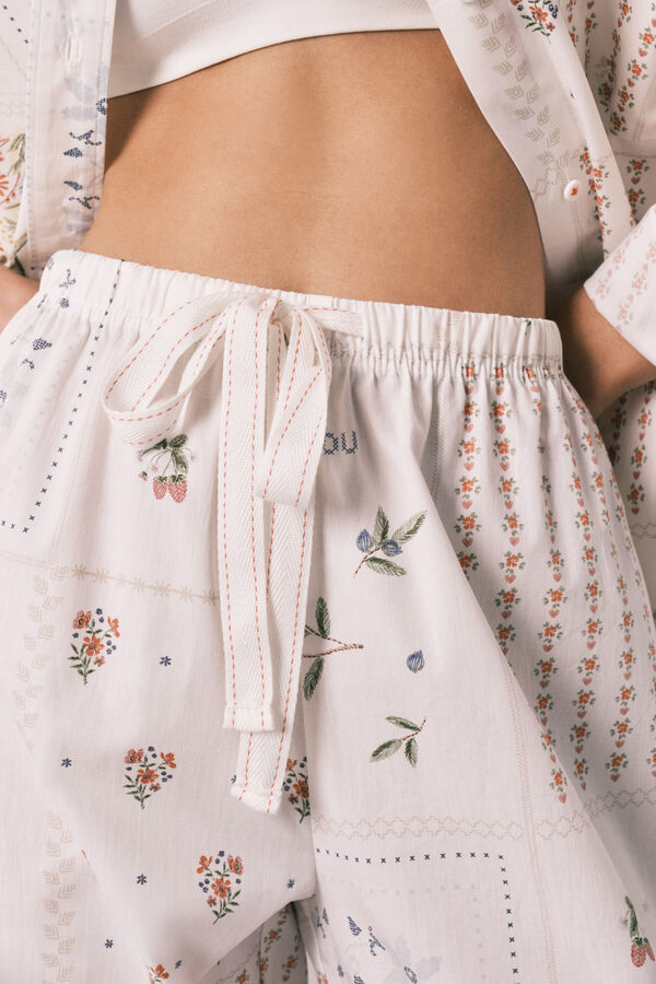Women'secret Pantal&oacute;n largo 100% algod&oacute;n estampado floral blanco
