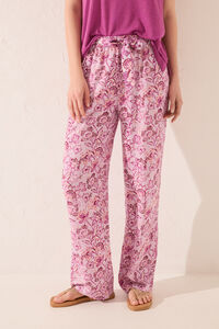 Womensecret Pantalón largo de viscosa con estampado rosa rosa