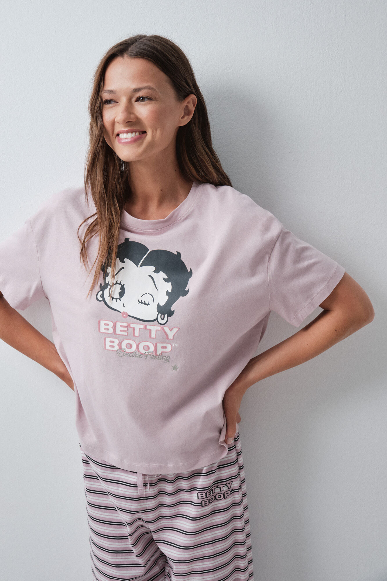 Women'secret Pijama larga Betty Boop de rayas rosa