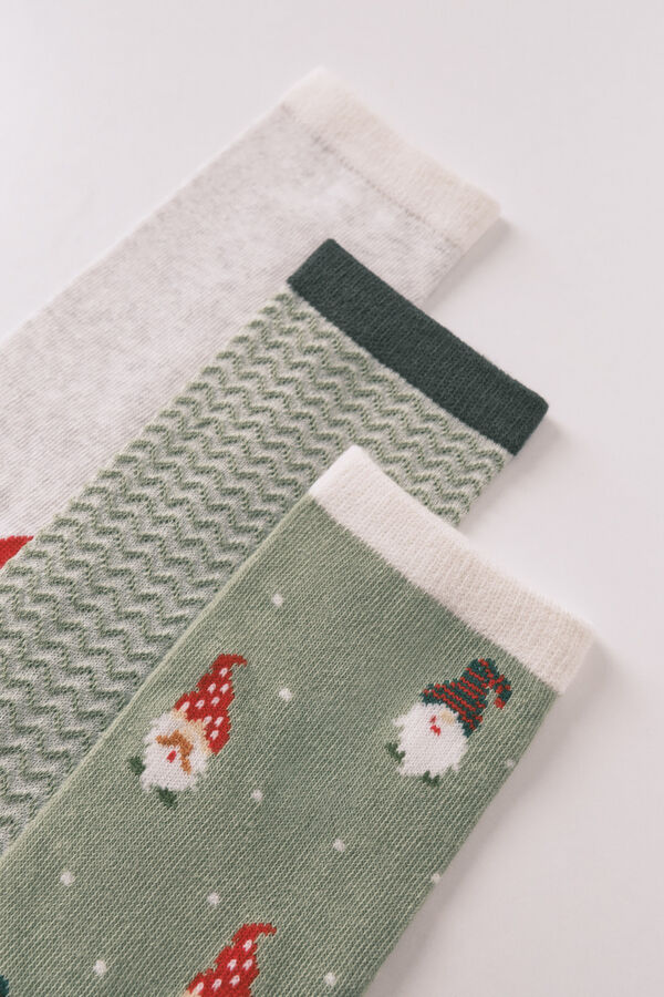 Women'secret Pack de 3 calcetines largos de algodón con forma de gnomo verde