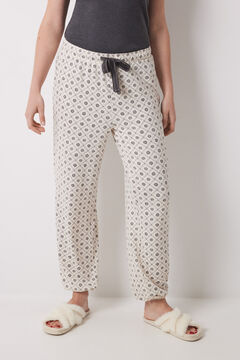 Womensecret Pantalón largo carrot con estampado de cuadros y flores marfil