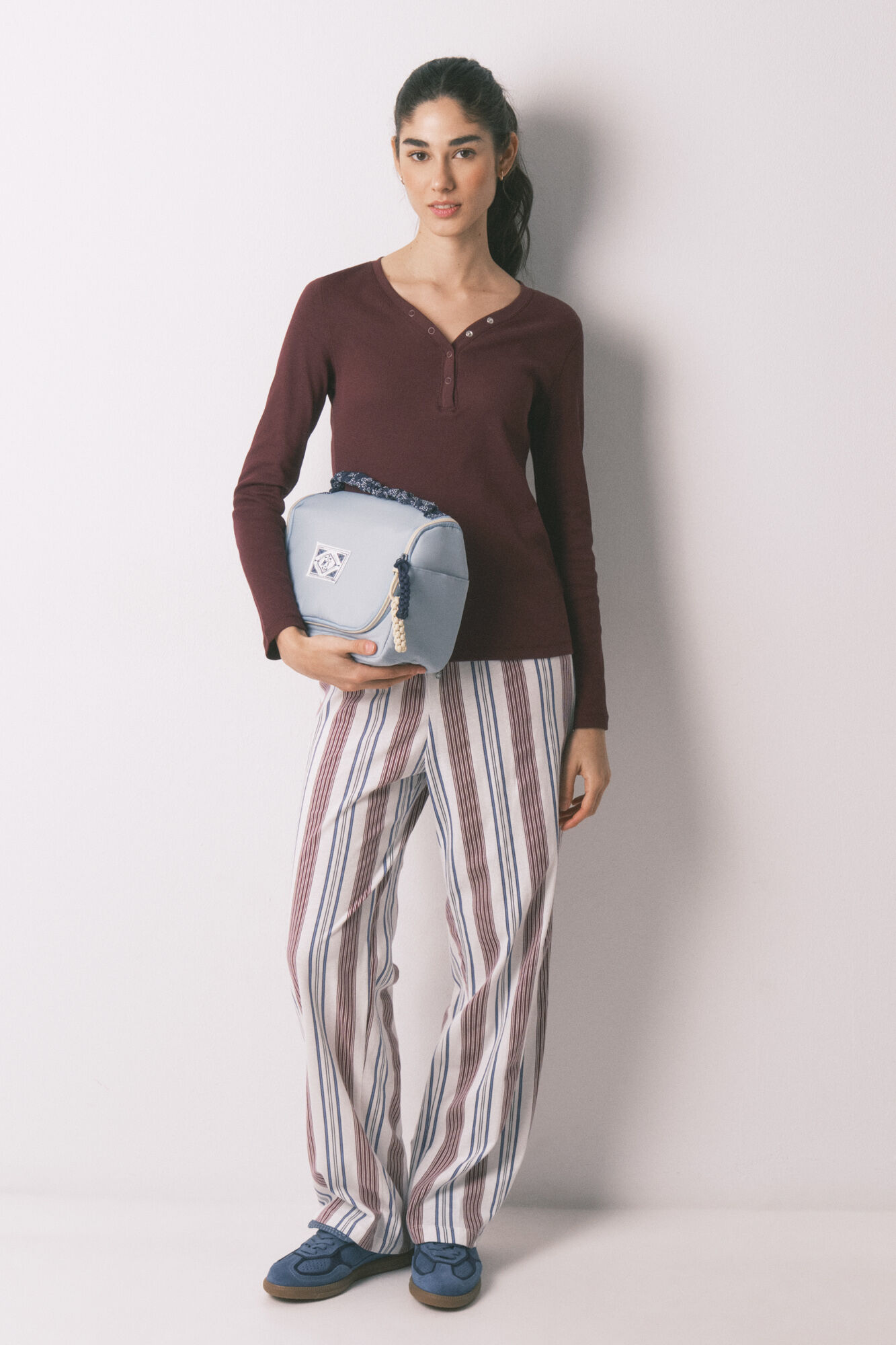 Women'secret Playera manga larga acanalada de algod&oacute;n granate