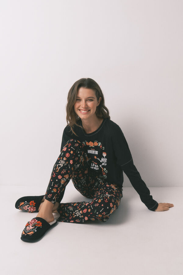 Women'secret Pijama larga "Día de Muertos" 100% algodón en color negro negro
