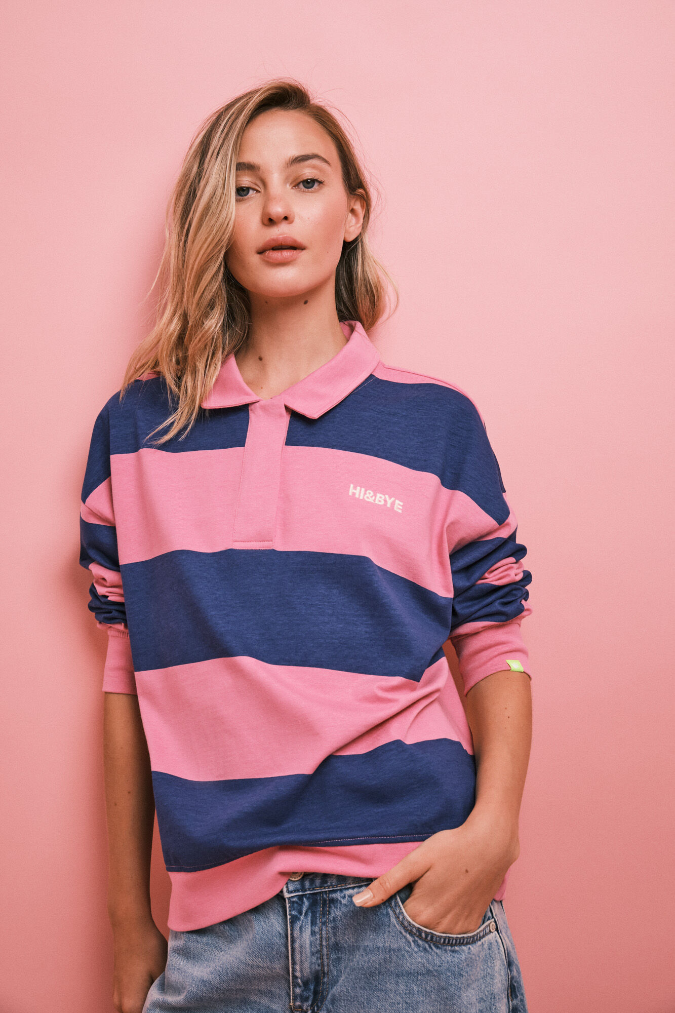 HI&BYE Sudadera polo de rayas rosa y azul