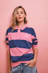 HI&BYE Sudadera polo de rayas rosa y azul estampado