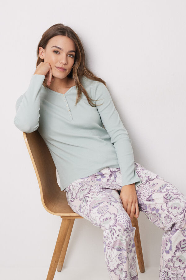 Womensecret Playera manga larga canalé verde gris