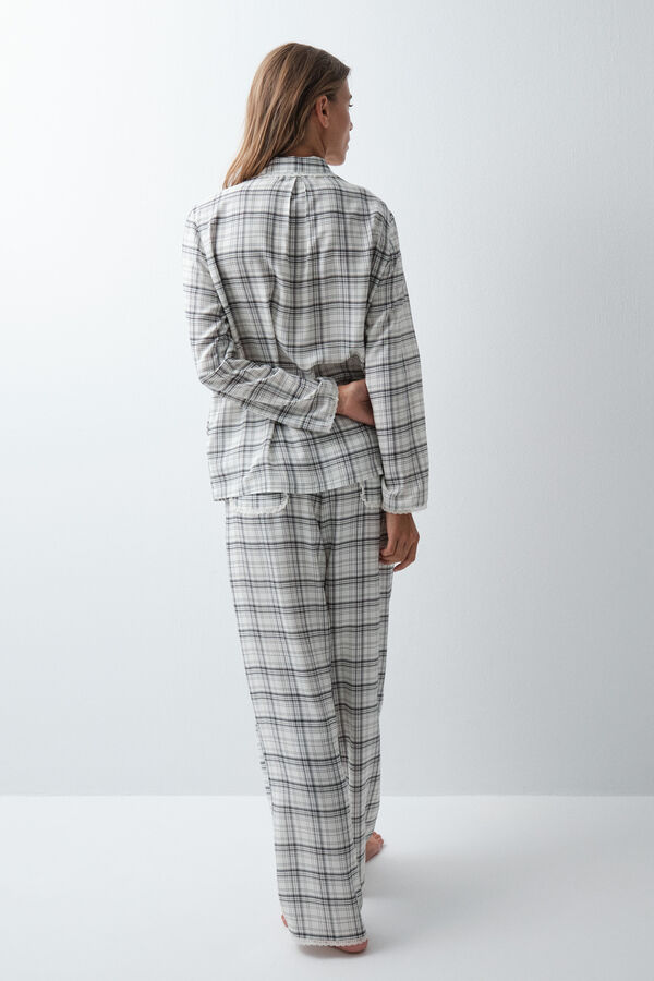 Women'secret Pijama larga camisera a cuadros con detalle de encaje blanco