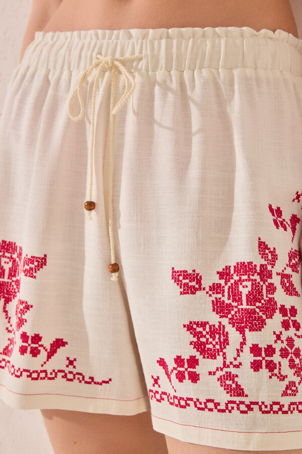 Womensecret Pantalón de lino blanco bordado blanco