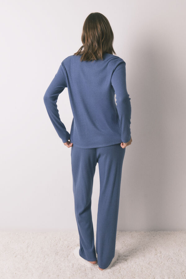 Women'secret Pijama larga rib con efecto brillante azul azul
