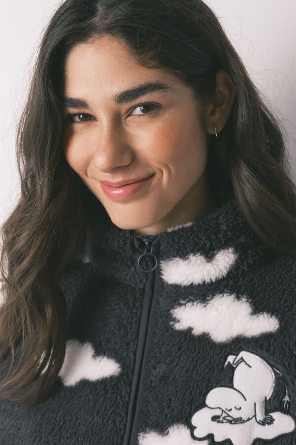 Women'secret Bata corta de polar con estampado de nubes gris Moomin gris