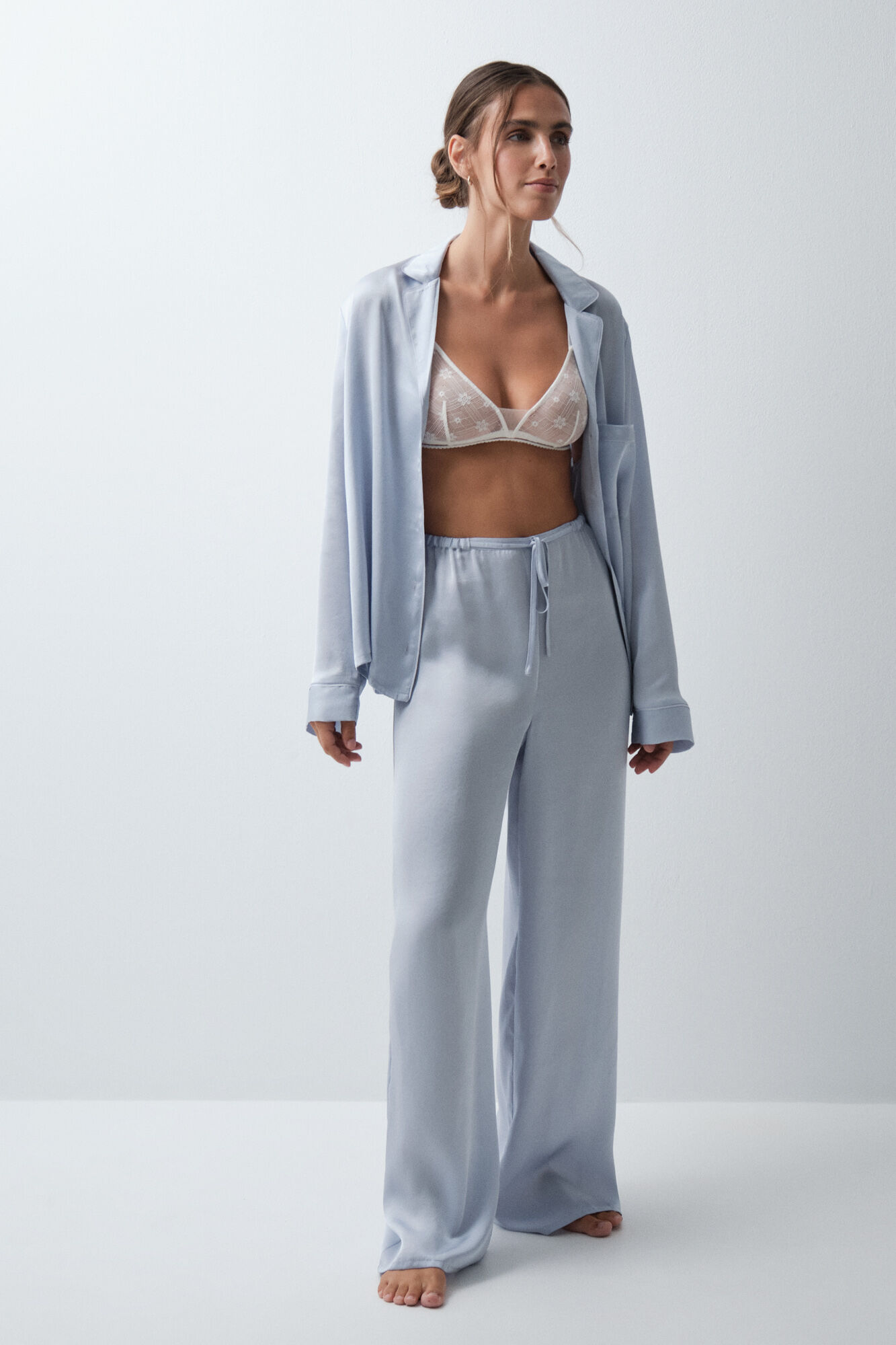 Women'secret Pijama larga camisera satinada azul