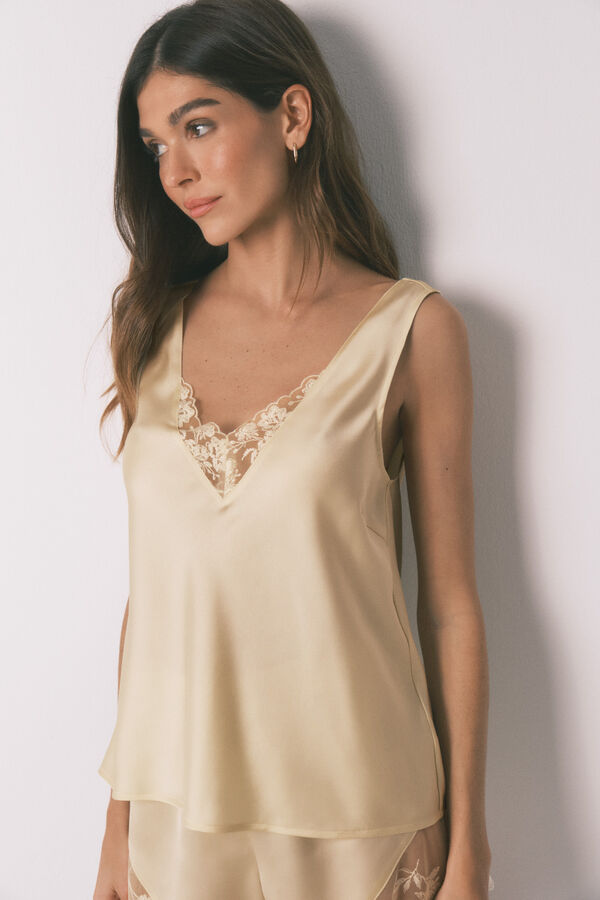 Women'secret Pijama corta sat&eacute;n y encaje amarillo amarillo