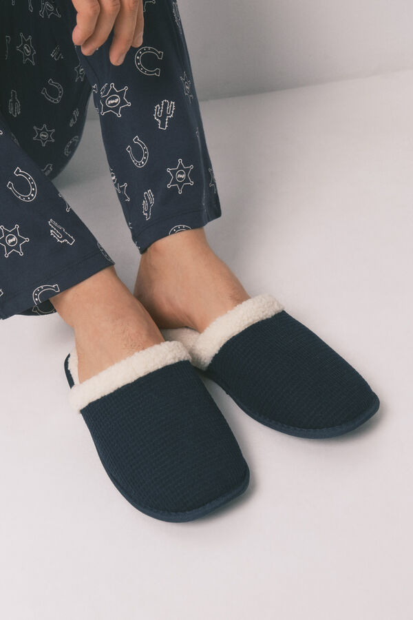 Women'secret Pantuflas para casa de hombre con textura azul azul