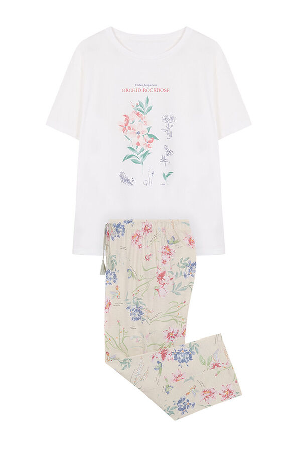 Womensecret Pijama 100% algodón Capri blanco flores marfil