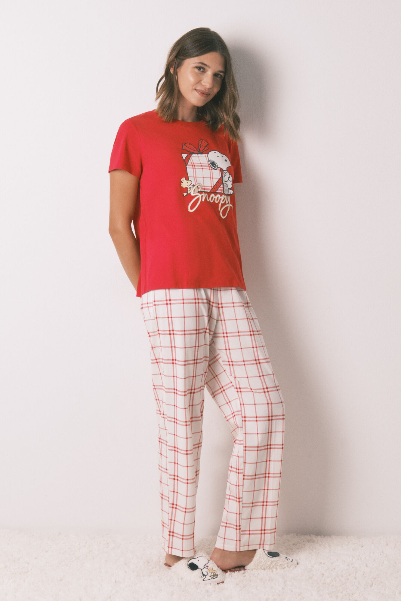 Women'secret Pijama larga 100% algod&oacute;n cuadros rojo Snoopy