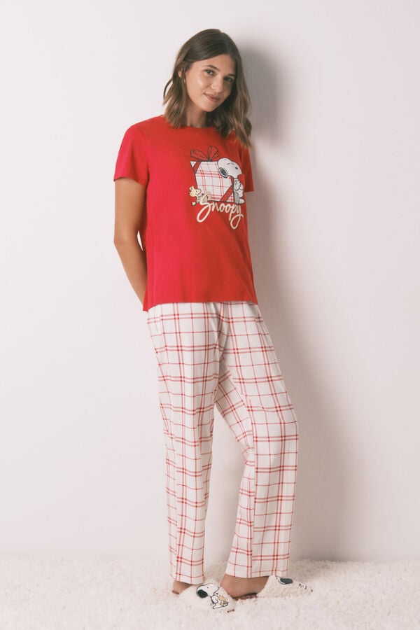 Women'secret Pijama larga 100% algodón cuadros rojo Snoopy rojo