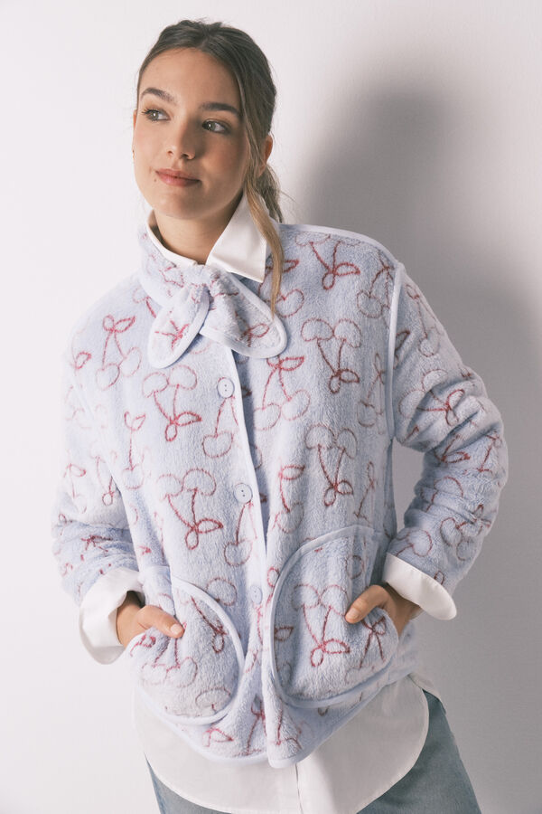 Women'secret Bata de polar con imitaci&oacute;n pelo Jacquard azul