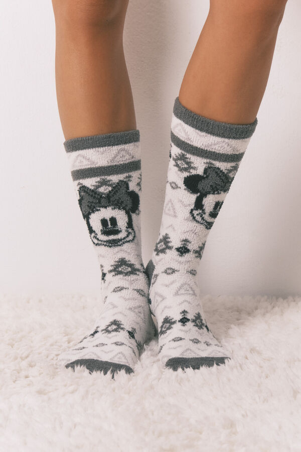 Women'secret Calcetines largos de piel con bordes estampado de Minnie Mouse blanco