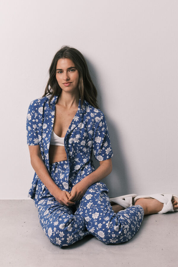 Women'secret Pijama larga camisera de flores azul estampado