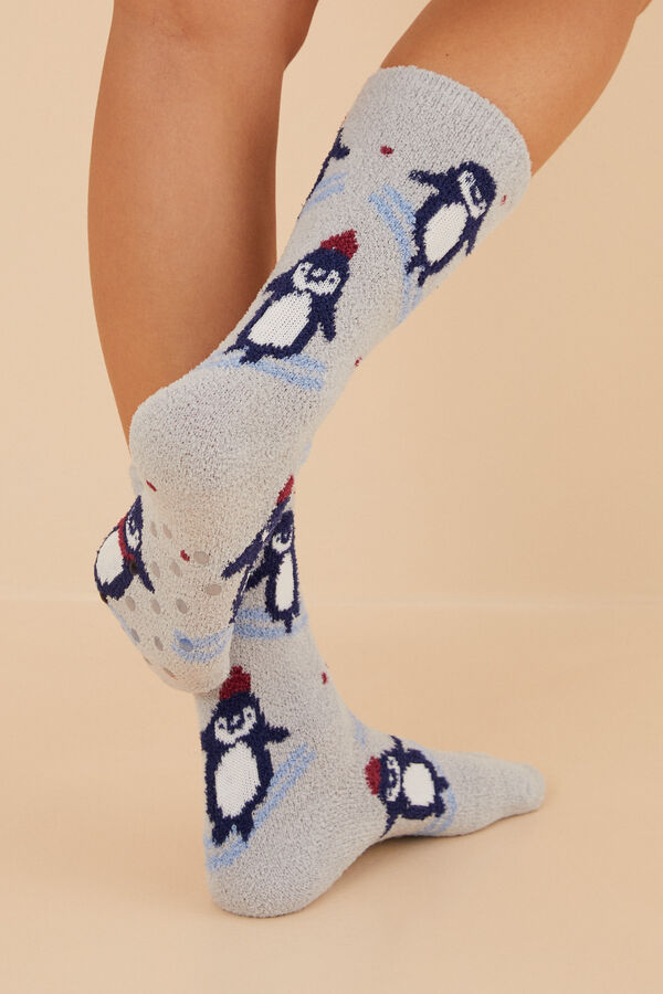 Womensecret Calcetines pelo estampado pingüinos gris