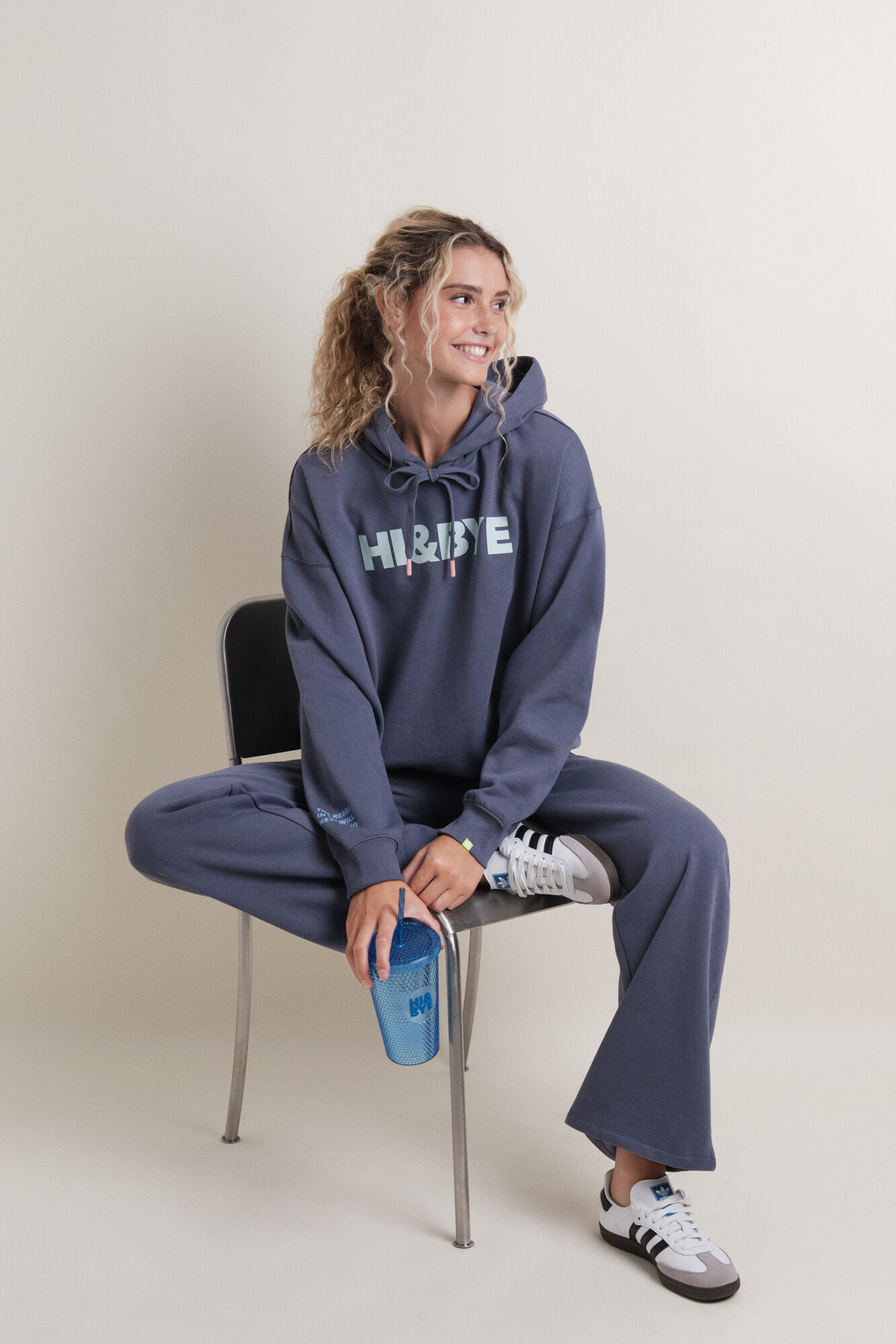 HI&BYE Pantal&oacute;n acampanado de felpa de algod&oacute;n azul 