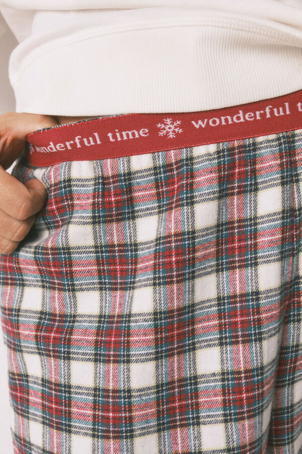 Women'secret Pijama larga 100% algod&oacute;n cuadros marfil