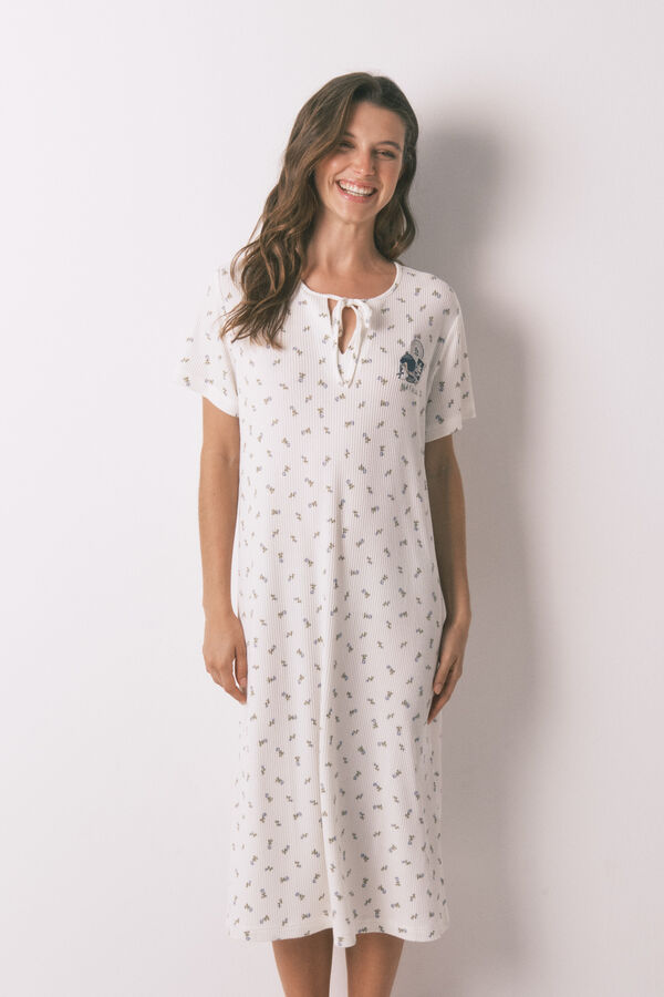 Women'secret Camisón holgado midi de canalé blanco Mafalda marfil