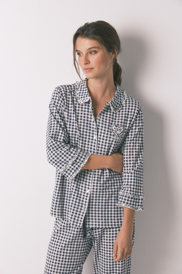 Pijama largo cuadros efecto brillo azul | Pijamas de Mujer Pijama largo cuadros efecto brillo azul | Pijamas de Mujer