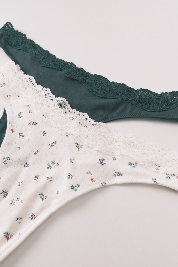 Women'secret Pack de 2 tangas de algodón verde con estampado blanco kaki