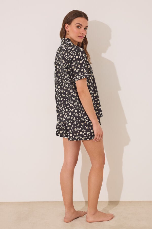 Womensecret Pijama camisera short clásico floral 100% algodón negro