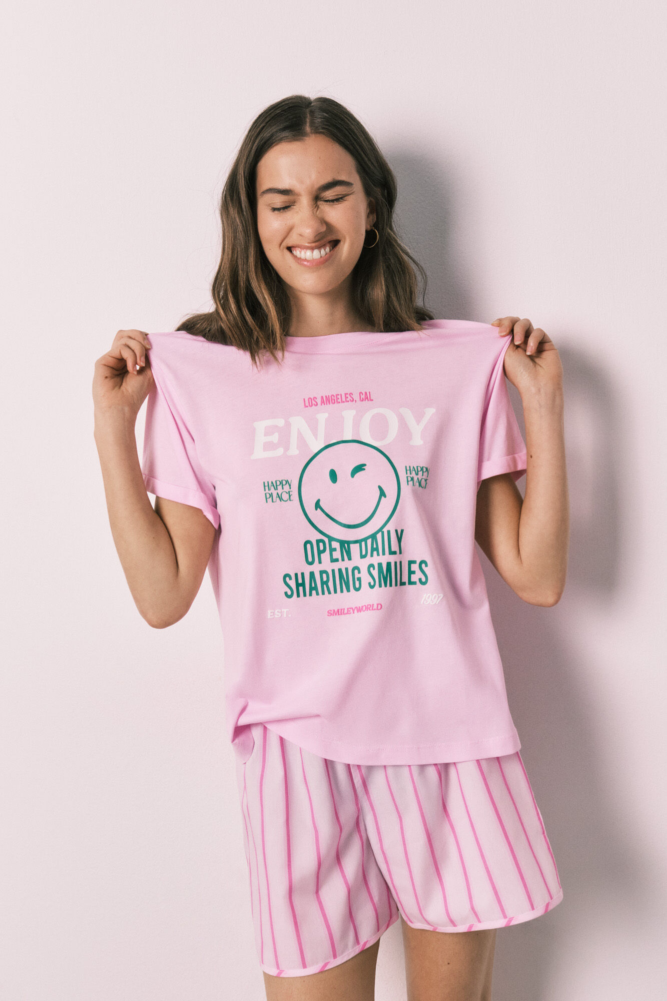 Women'secret Pijama corta de algod&oacute;n SmileyWorld&reg; rosa