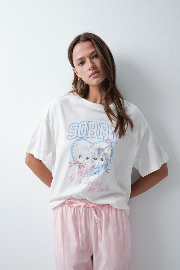 Women'secret Playera de algod&oacute;n con estampado blanco blanco