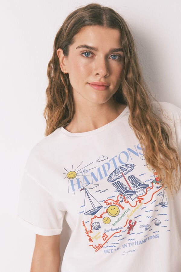 Women'secret Playera de algodón Smile Off White marfil