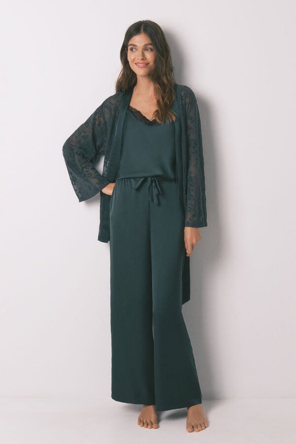 Women'secret Conjunto de pijama de satén y encaje verde verde