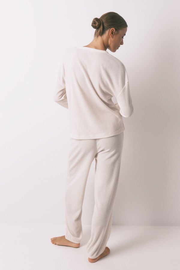 Women'secret Pijama larga con textura de gofre blanco marfil