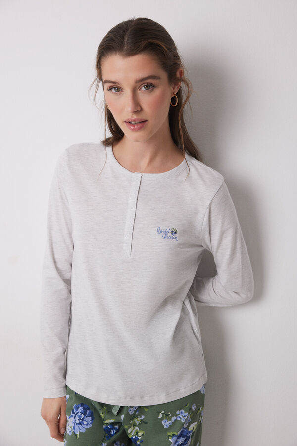 Womensecret Pijama larga 100% algodón estampado flores gris