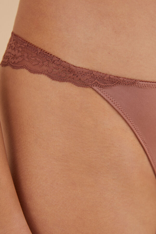 Womensecret Tanga microfibra encaje café coral