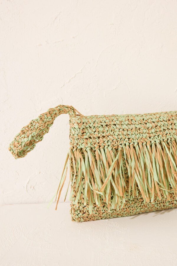 Womensecret Bolsa pequeño de rafia , bolsa con flecos verde