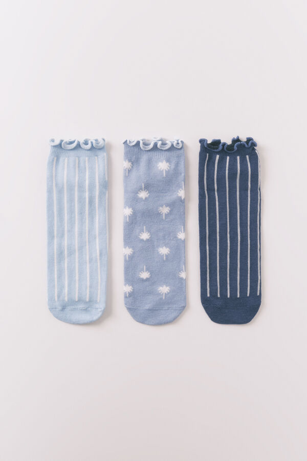 Women'secret Pack 3 calcetines cortos de estampado de rayas y palmas azul