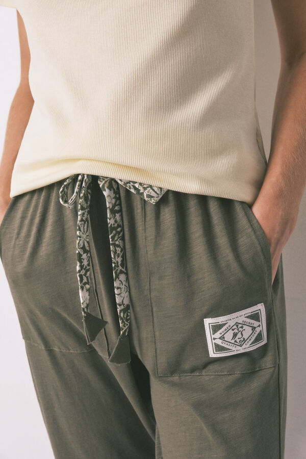 Women'secret Pantal&oacute;n largo de algod&oacute;n verde kaki