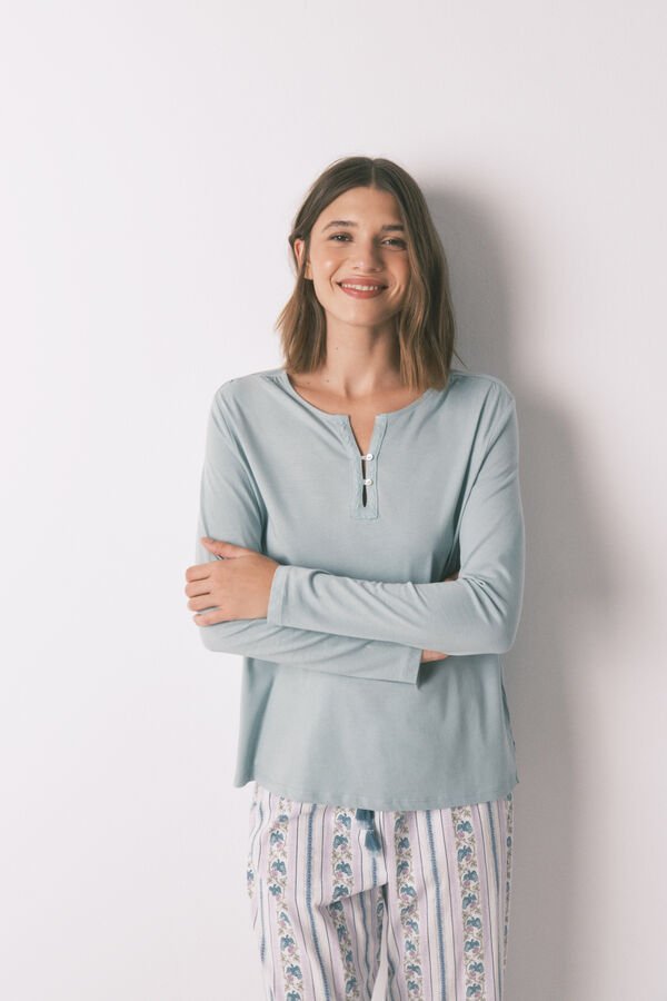 Women'secret Playera verde de manga manga larga 100% algodón verde