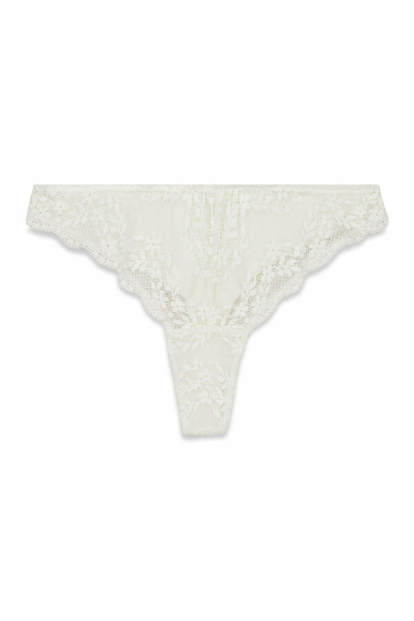 Women'secret Tanga de modal y encaje blanca caf&eacute;