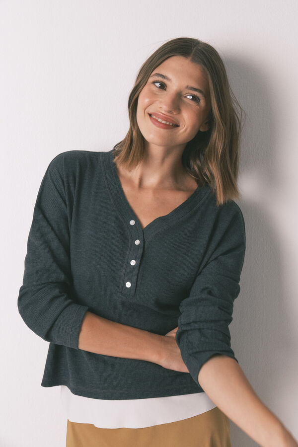 Women'secret Playera de manga manga larga con estampado de gofres de color gris gris