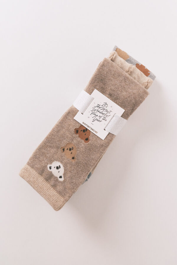 Women'secret Pack de 3 calcetines largos de algodón con forma de oso  beige