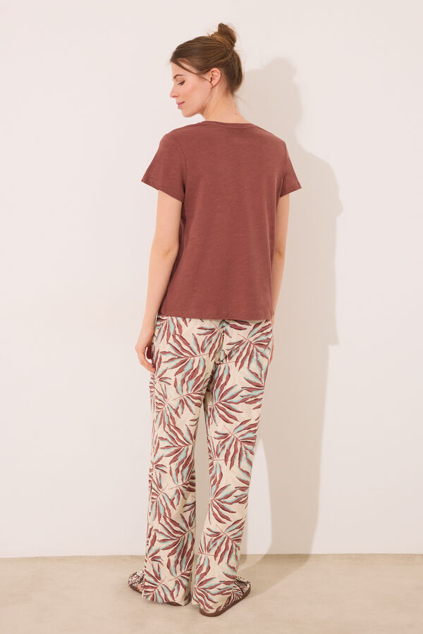 Womensecret Pantalón de viscosa con estampado de hojas marrones verde