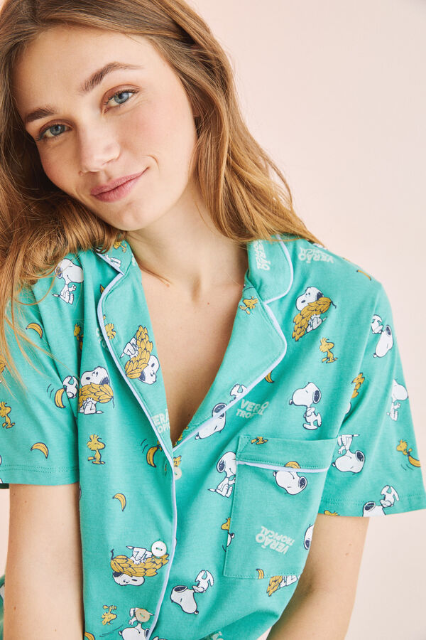 Womensecret Pijama camisera Snoopy 100% algodón Capri verde estampado