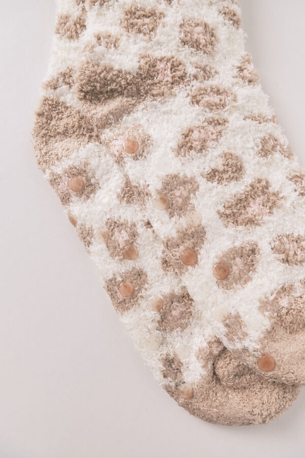 Women'secret Calcetines largos de piel con estampado de leopardo marrón beige