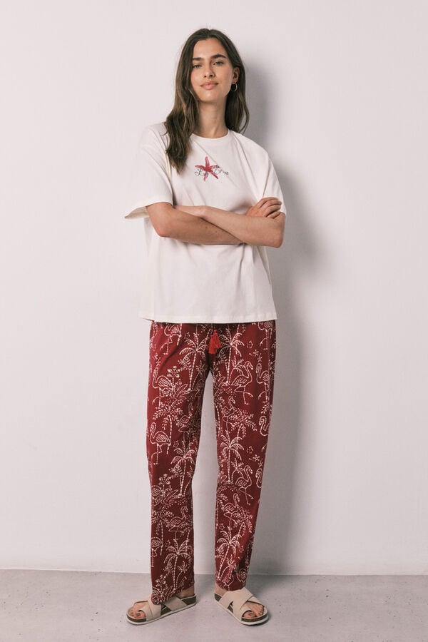 Women'secret Pijama larga de algod&oacute;n Stitch estampado de palmeras marfil