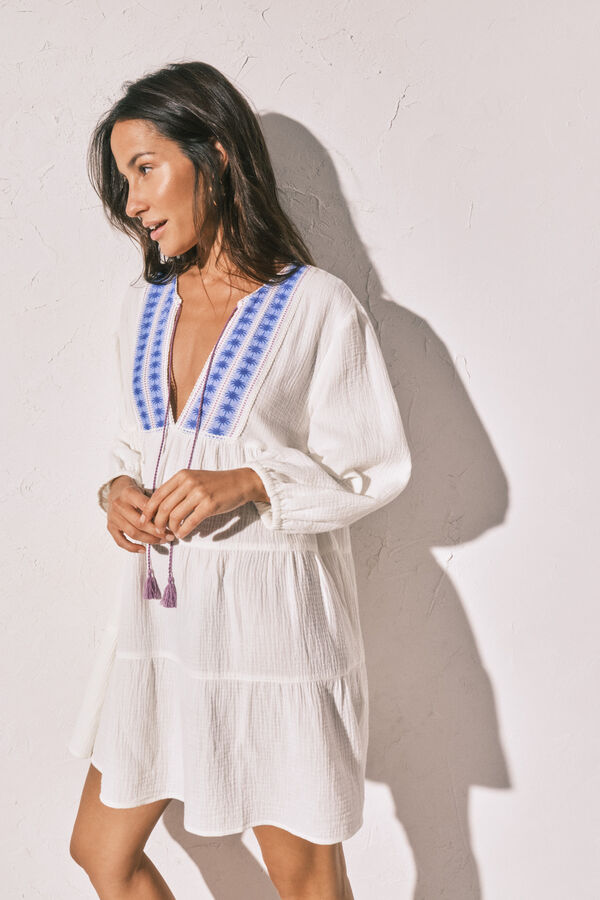 Women'secret Vestido corto de algod&oacute;n estampado boho marfil