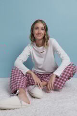 HI&BYE Pijama larga 100% algod&oacute;n con estampado vichy rojo marfil